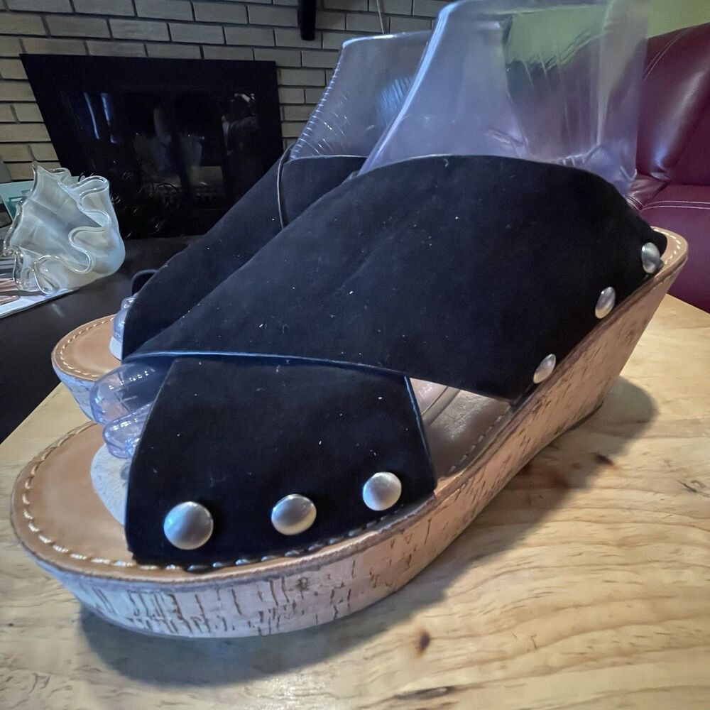 Chinese Laundry Wedge Cork Sandals with studs, Black Suede, Women's US 10 EU 41 - Picture 2 of 16